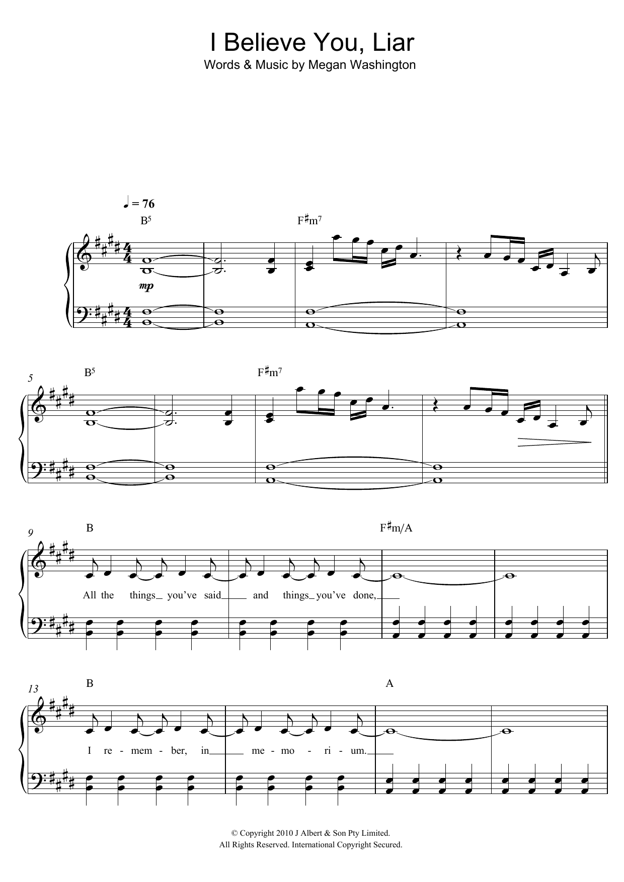 Washington I Believe You Liar Sheet Music Notes & Chords for Easy Piano - Download or Print PDF