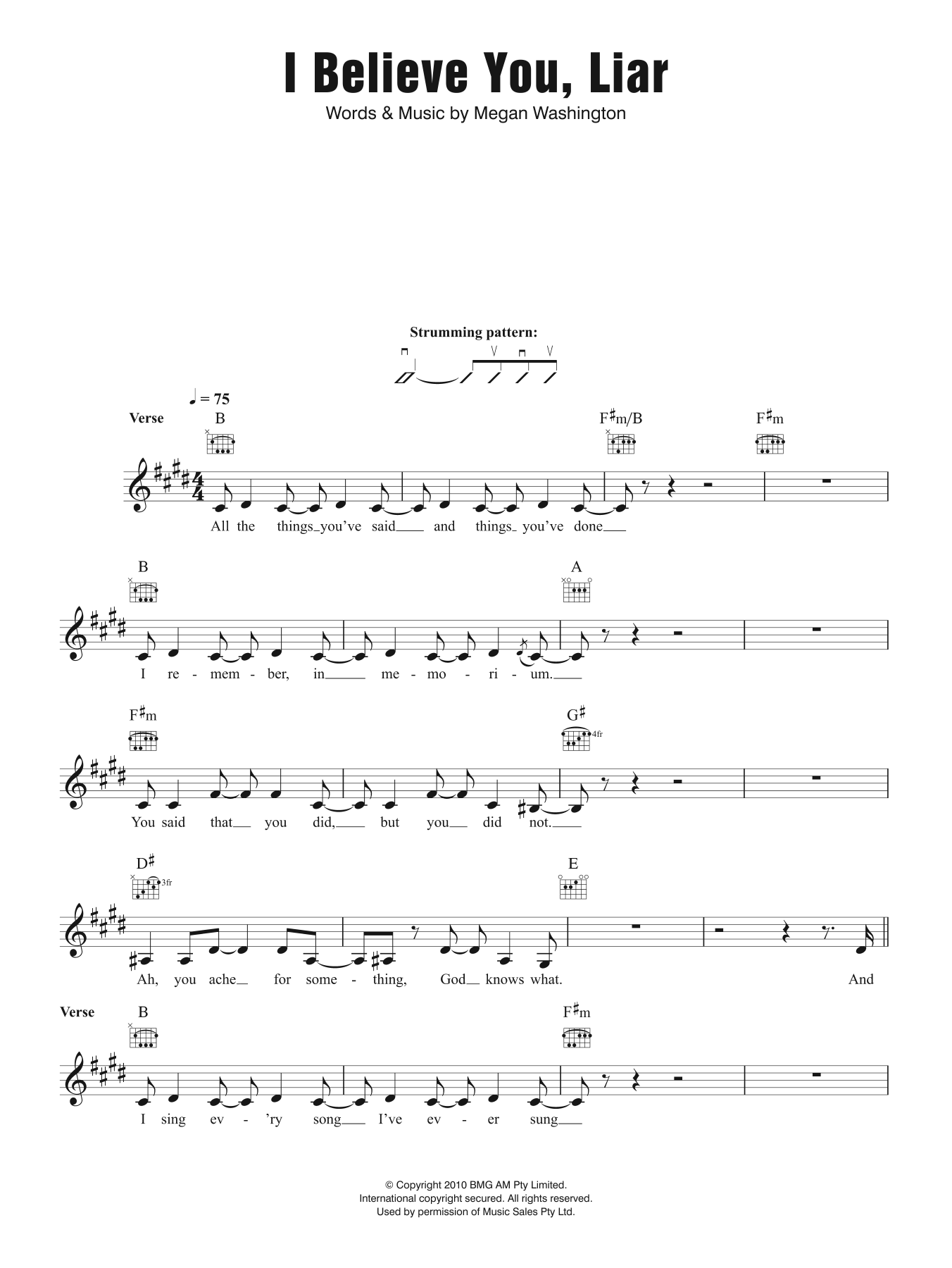 Washington I Believe You Liar Sheet Music Notes & Chords for Melody Line, Lyrics & Chords - Download or Print PDF