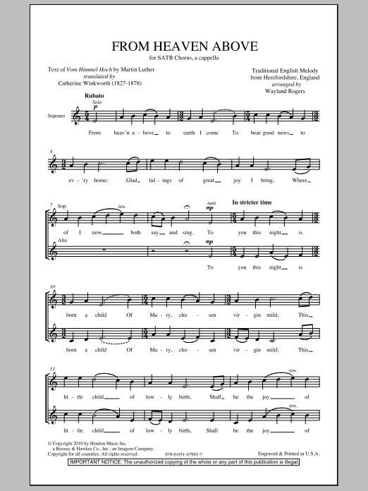 Wayland Rogers From Heaven Above Sheet Music Notes & Chords for SATB - Download or Print PDF