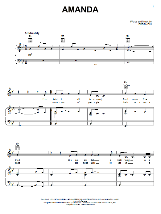 Waylon Jennings Amanda Sheet Music Notes & Chords for Piano, Vocal & Guitar (Right-Hand Melody) - Download or Print PDF