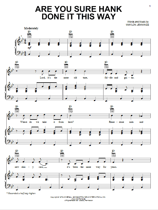 Waylon Jennings Are You Sure Hank Done It This Way Sheet Music Notes & Chords for Piano, Vocal & Guitar (Right-Hand Melody) - Download or Print PDF