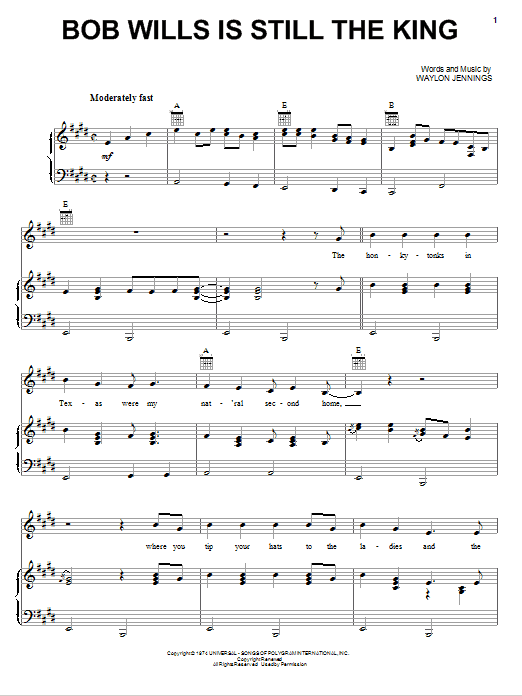Waylon Jennings Bob Wills Is Still The King Sheet Music Notes & Chords for Piano, Vocal & Guitar (Right-Hand Melody) - Download or Print PDF
