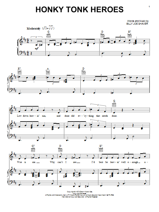 Waylon Jennings Honky Tonk Heroes Sheet Music Notes & Chords for Piano, Vocal & Guitar (Right-Hand Melody) - Download or Print PDF