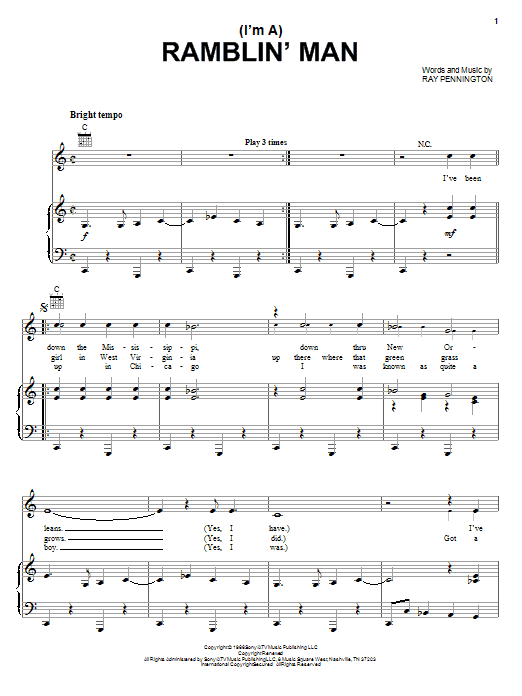 Waylon Jennings (I'm A) Ramblin' Man Sheet Music Notes & Chords for Piano, Vocal & Guitar (Right-Hand Melody) - Download or Print PDF