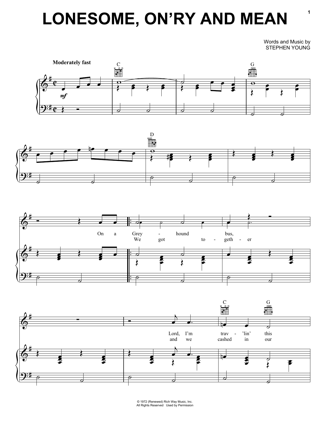 Waylon Jennings Lonesome, On'ry And Mean Sheet Music Notes & Chords for Piano, Vocal & Guitar (Right-Hand Melody) - Download or Print PDF