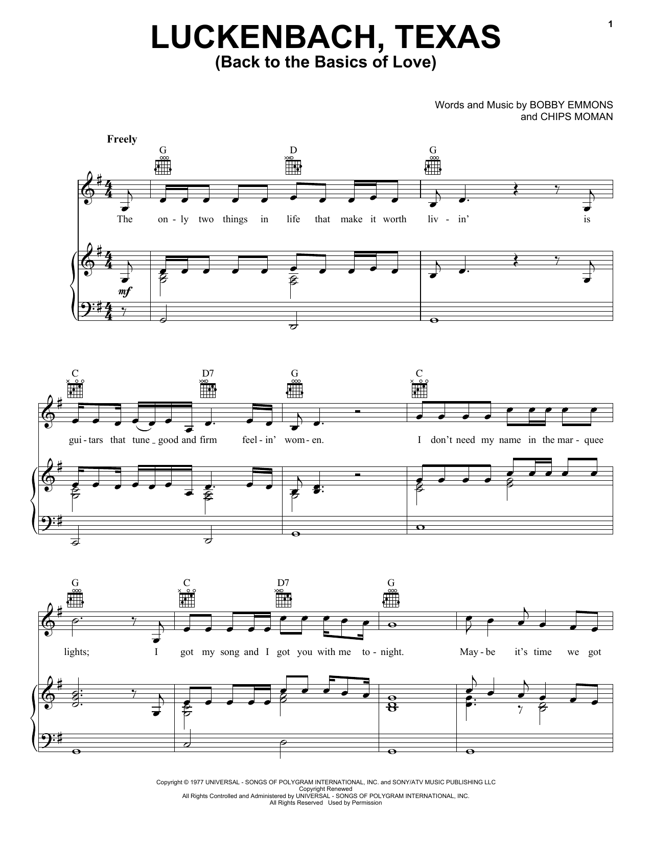 Waylon Jennings Luckenbach, Texas (Back To The Basics Of Love) Sheet Music Notes & Chords for Lyrics & Piano Chords - Download or Print PDF