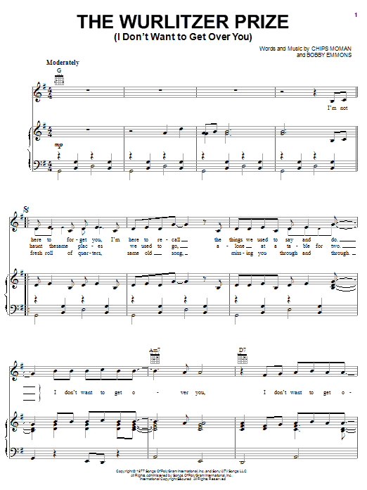 Waylon Jennings Wurlitzer Prize (I Don't Want To Get Over You) Sheet Music Notes & Chords for Piano, Vocal & Guitar (Right-Hand Melody) - Download or Print PDF
