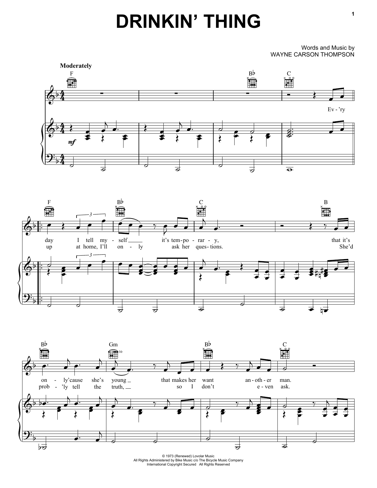 Wayne Carson Thompson Drinkin' Thing Sheet Music Notes & Chords for Piano, Vocal & Guitar (Right-Hand Melody) - Download or Print PDF Wayne Carson Thompson Drinkin' Thing Sheet Music Notes & Chords for Piano, Vocal & Guitar (Right-Hand Melody) - Download or Print PDF