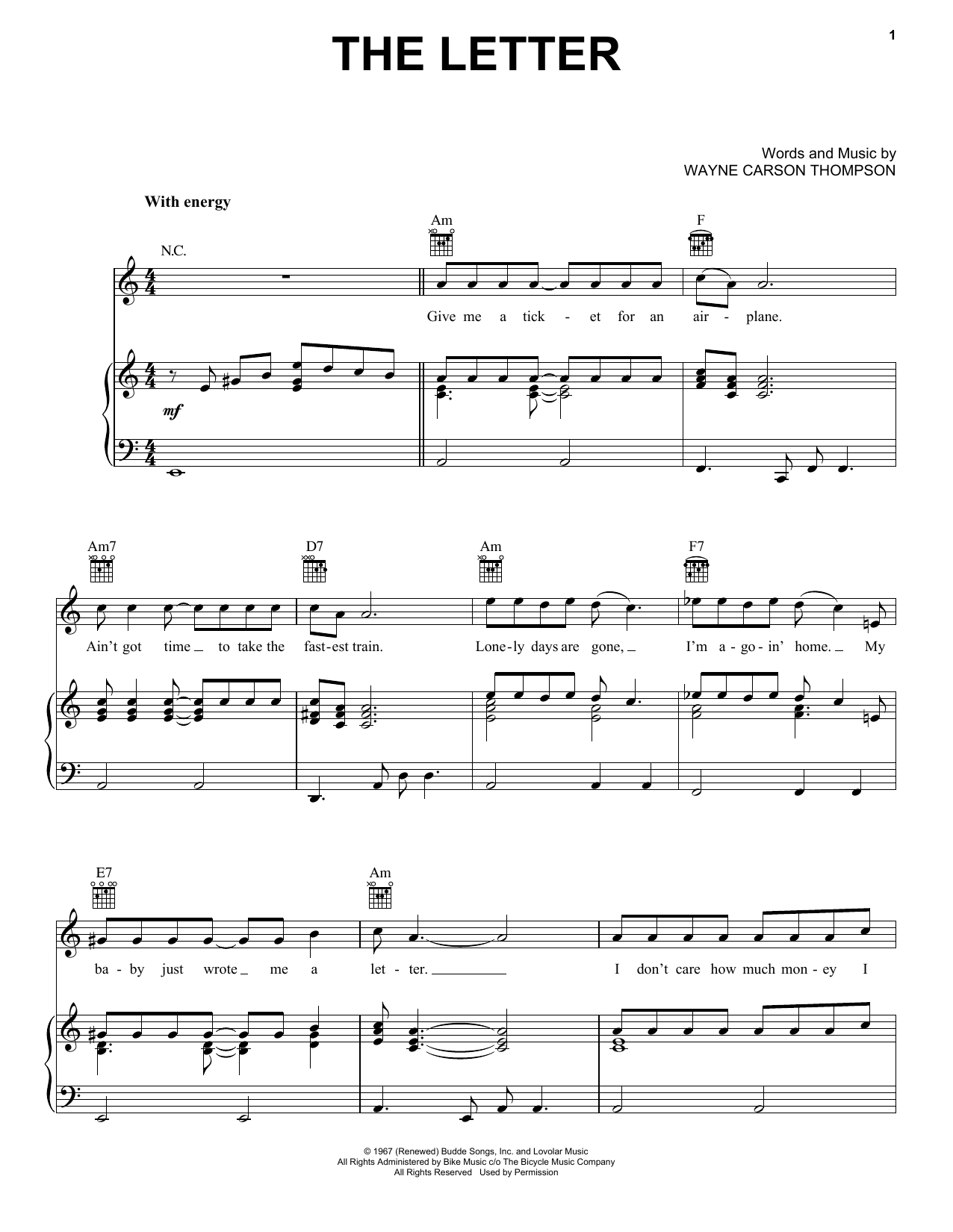 Wayne Carson Thompson The Letter Sheet Music Notes & Chords for Piano, Vocal & Guitar (Right-Hand Melody) - Download or Print PDF