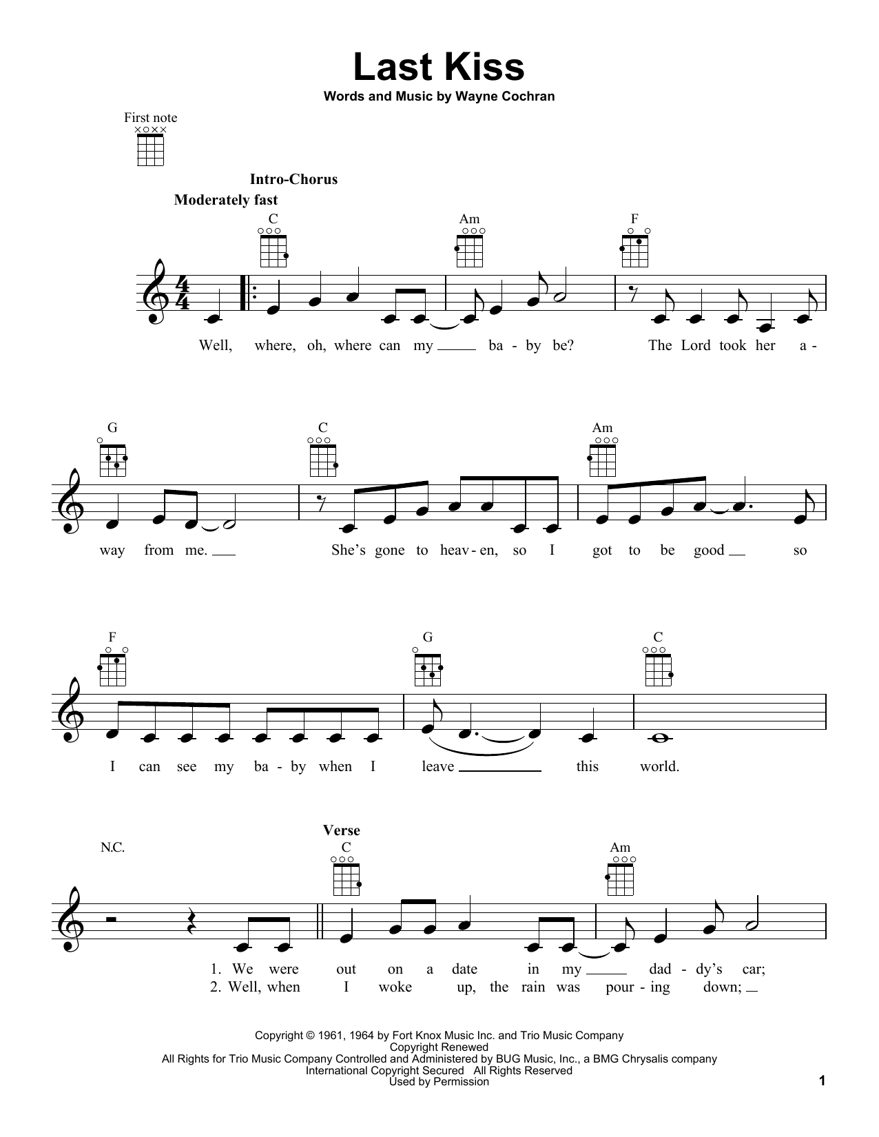 Wayne Cochran Last Kiss Sheet Music Notes & Chords for Ukulele - Download or Print PDF