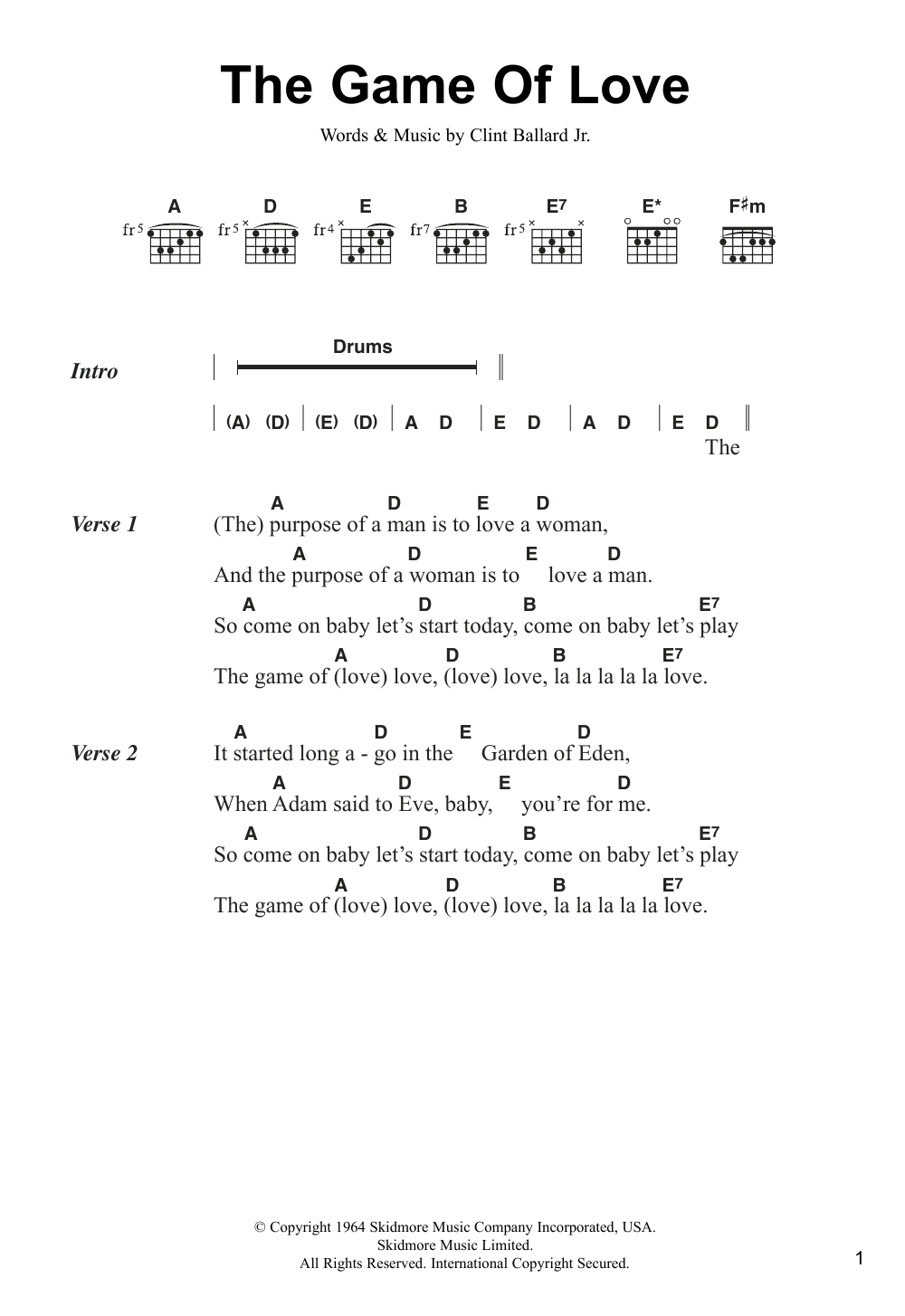 Wayne Fontana & The Mindbenders The Game Of Love Sheet Music Notes & Chords for Lyrics & Chords - Download or Print PDF