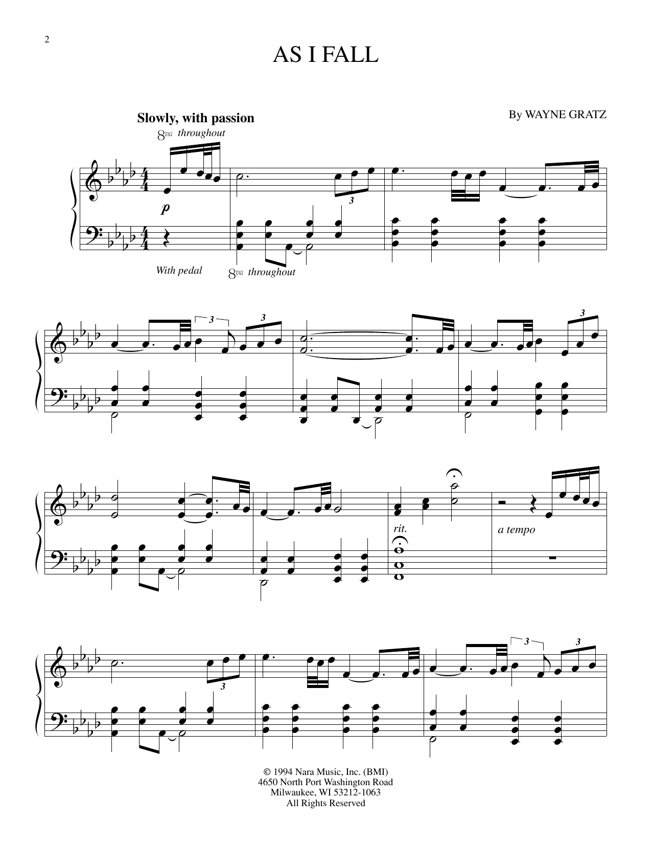 Wayne Gratz As I Fall Sheet Music Notes & Chords for Piano Solo - Download or Print PDF