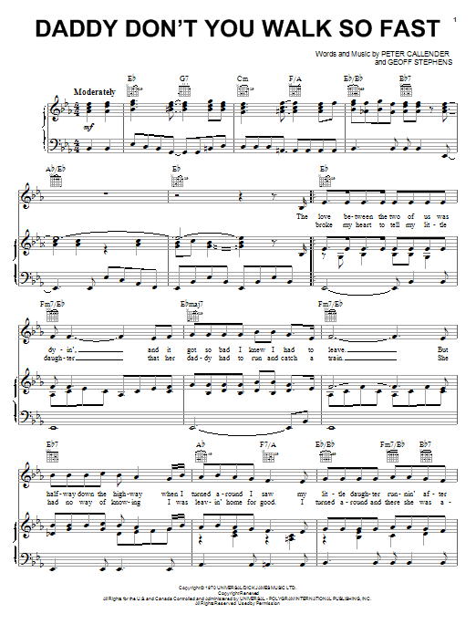 Wayne Newton Daddy Don't You Walk So Fast Sheet Music Notes & Chords for Piano, Vocal & Guitar (Right-Hand Melody) - Download or Print PDF