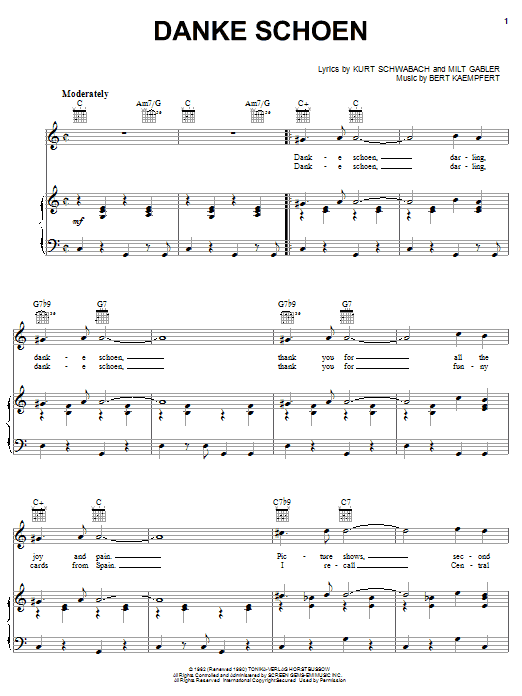 Wayne Newton Danke Schoen Sheet Music Notes & Chords for Piano, Vocal & Guitar (Right-Hand Melody) - Download or Print PDF