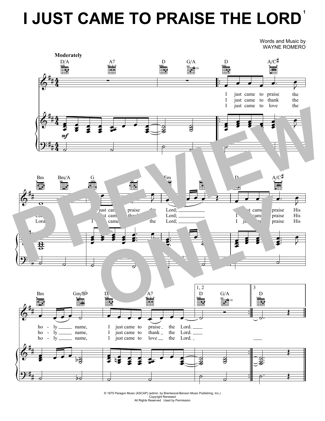 Wayne Romero I Just Came To Praise The Lord Sheet Music Notes & Chords for Piano, Vocal & Guitar Chords (Right-Hand Melody) - Download or Print PDF