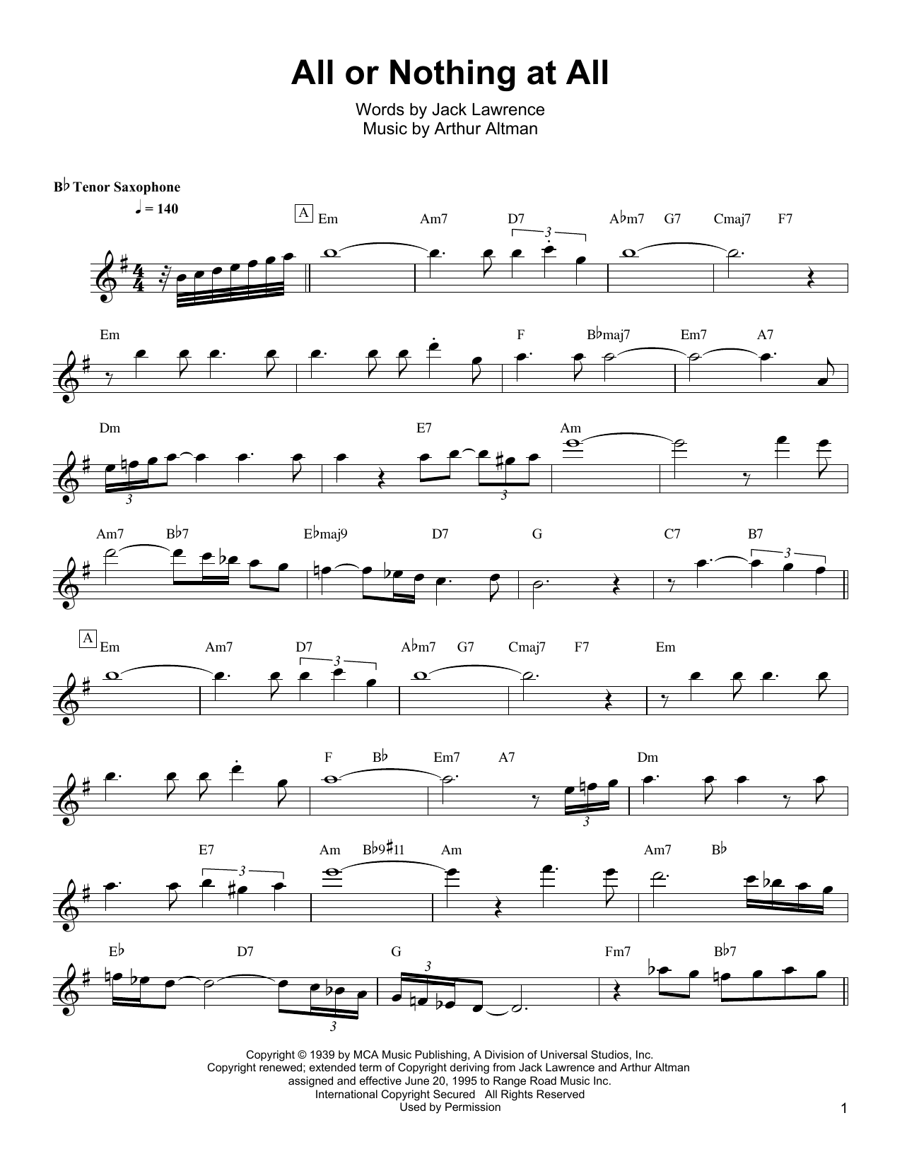 Wayne Shorter All Or Nothing At All Sheet Music Notes & Chords for Tenor Sax Transcription - Download or Print PDF