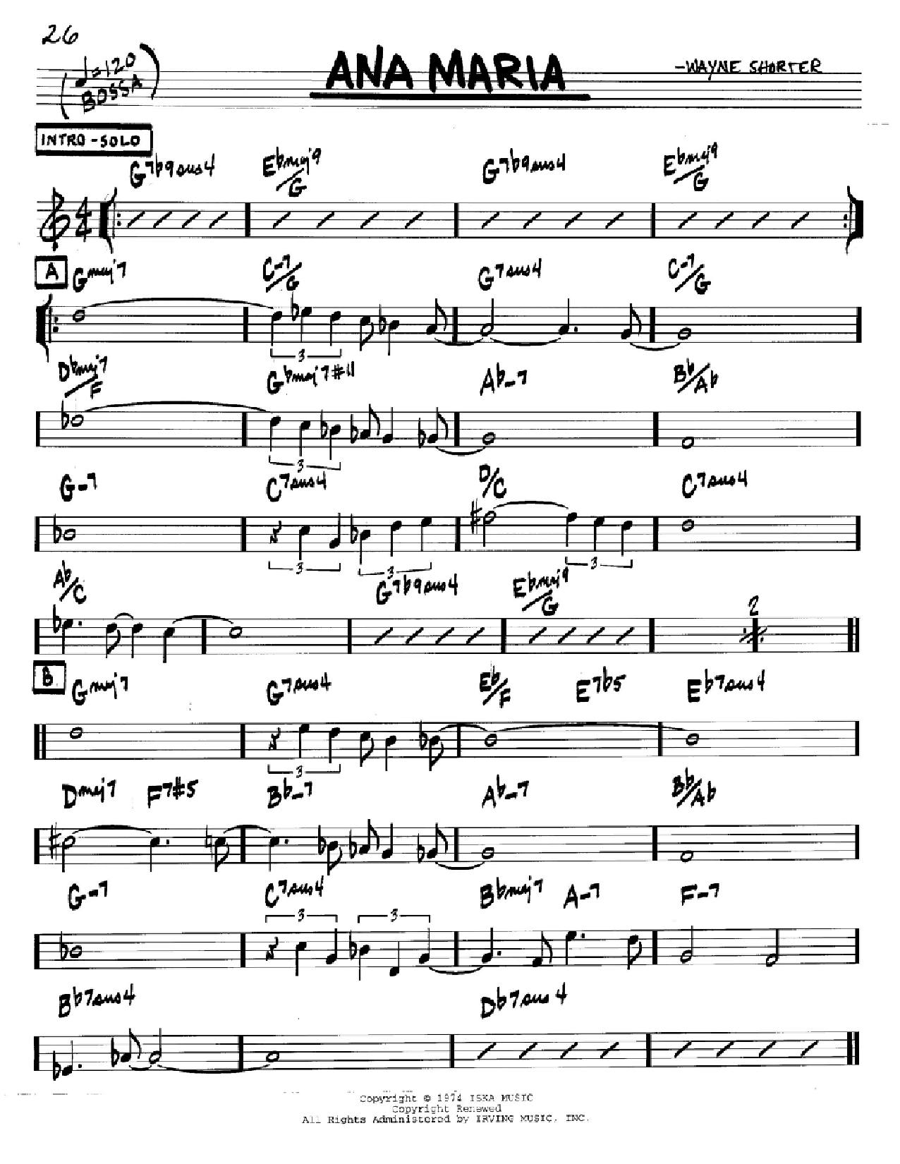 Wayne Shorter Ana Maria Sheet Music Notes & Chords for Real Book - Melody & Chords - Bass Clef Instruments - Download or Print PDF