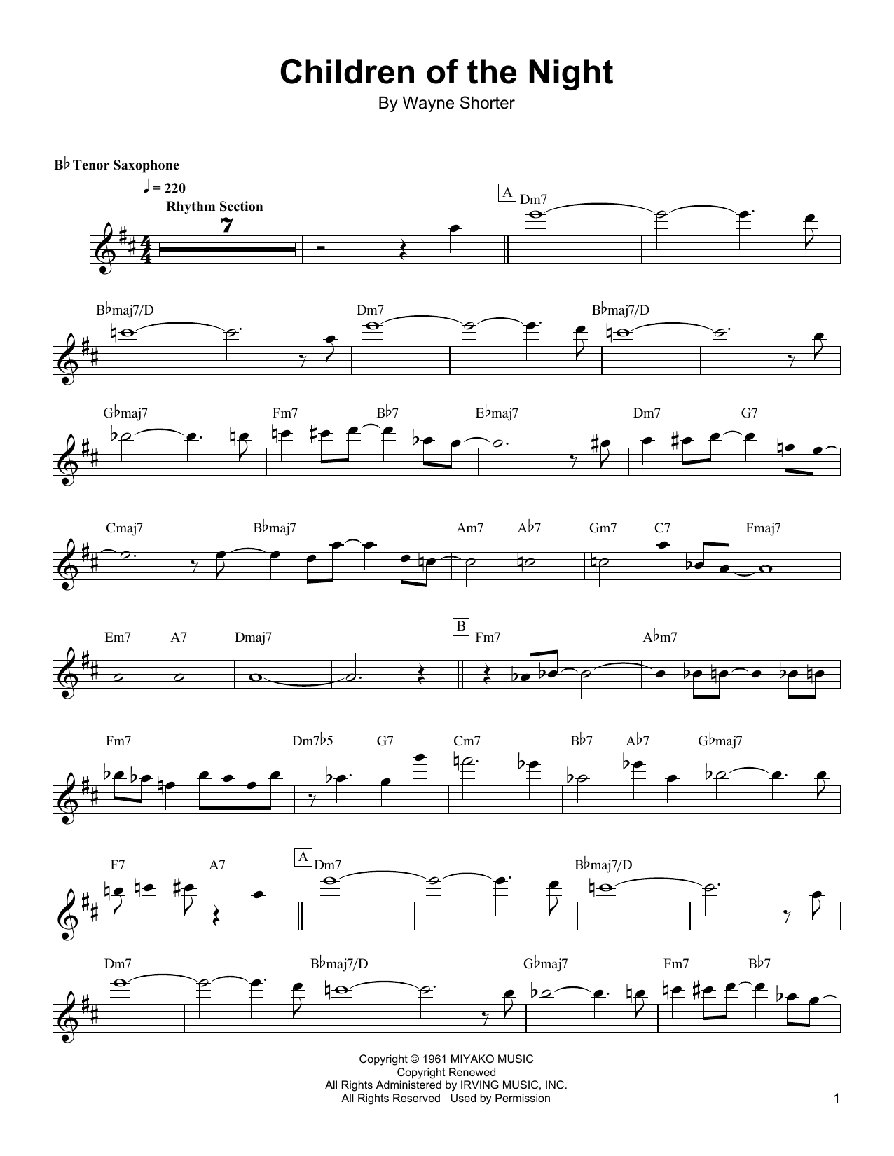 Wayne Shorter Children Of The Night Sheet Music Notes & Chords for Tenor Sax Transcription - Download or Print PDF