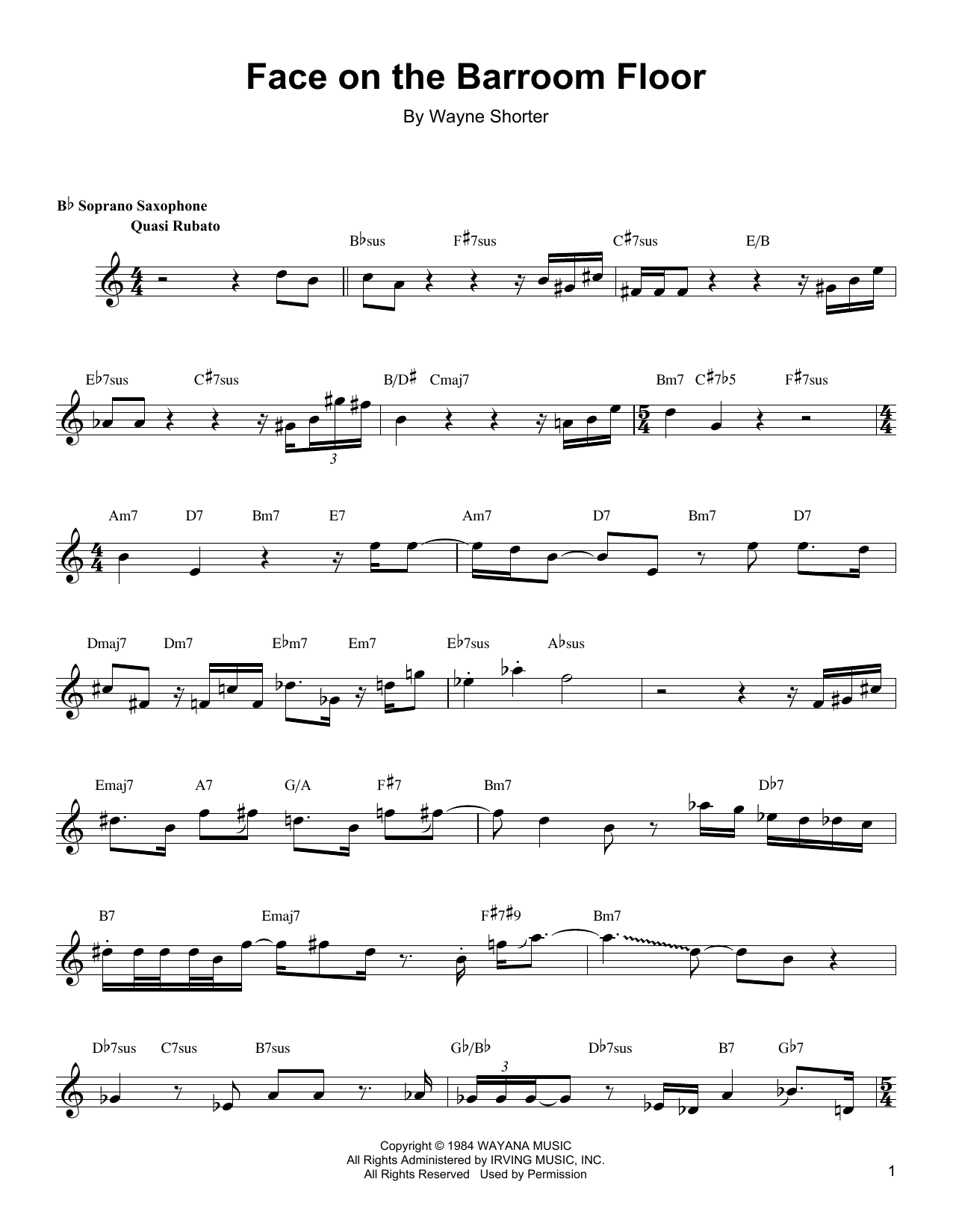 Wayne Shorter Face On The Barroom Floor Sheet Music Notes & Chords for Soprano Sax Transcription - Download or Print PDF