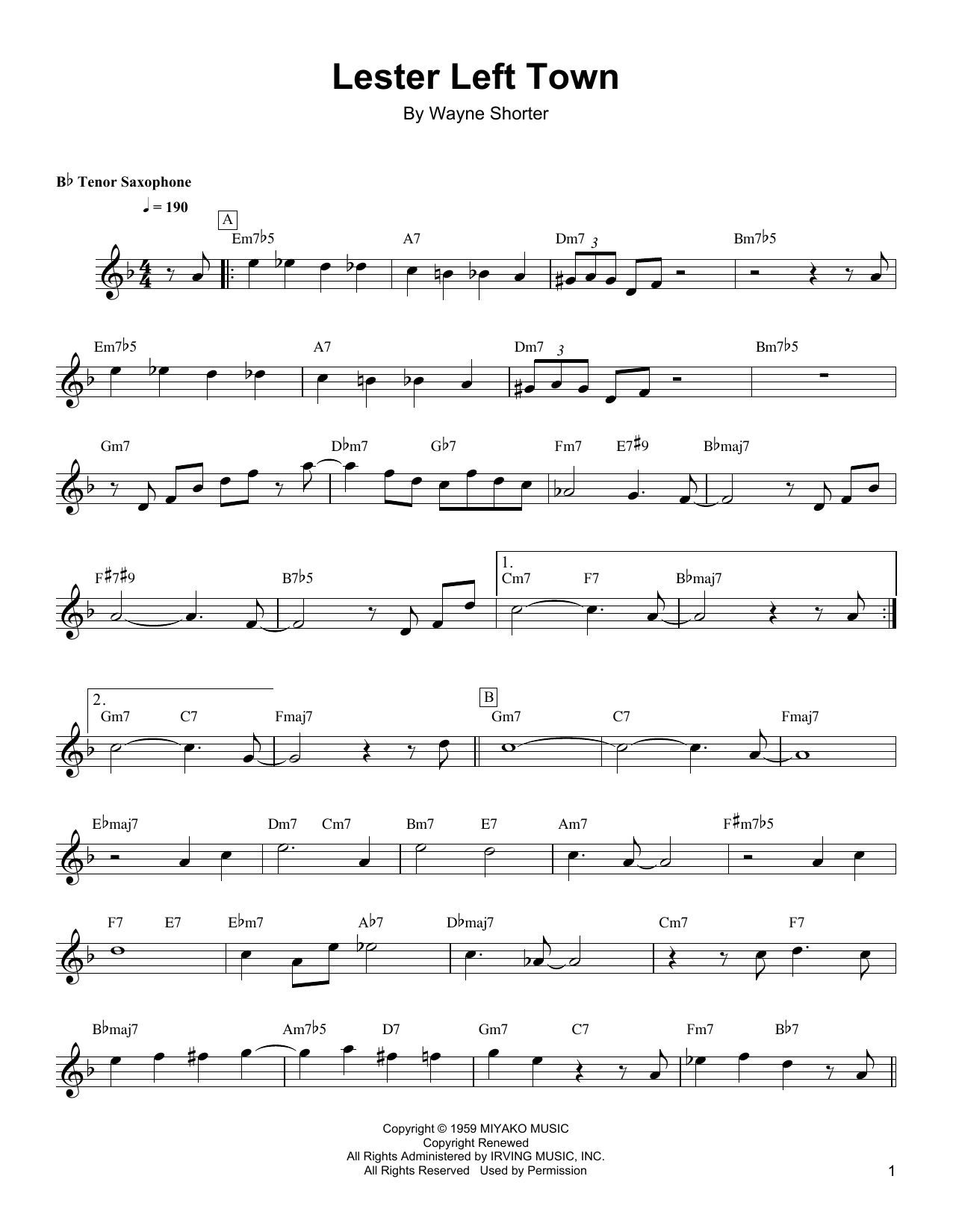 Wayne Shorter Lester Left Town Sheet Music Notes & Chords for Tenor Sax Transcription - Download or Print PDF