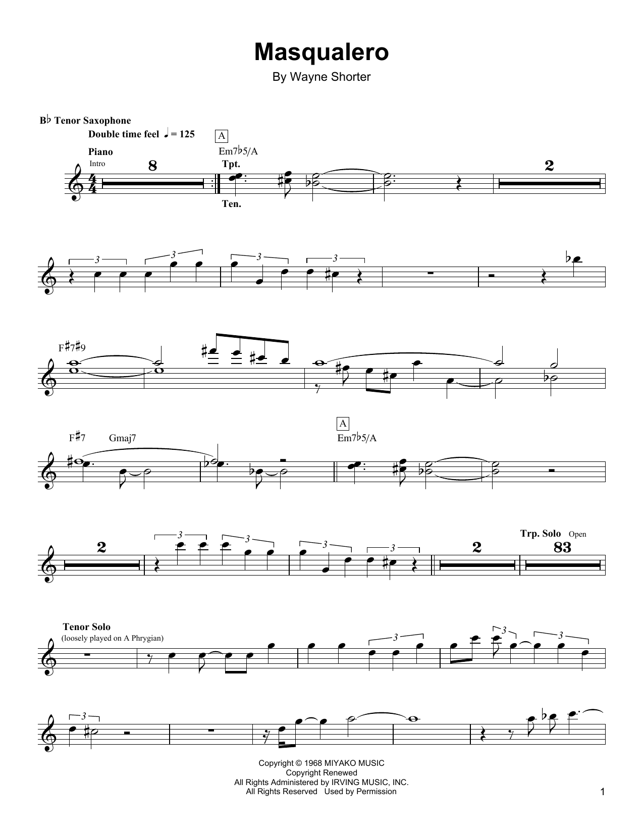 Wayne Shorter Masqualero Sheet Music Notes & Chords for Tenor Sax Transcription - Download or Print PDF
