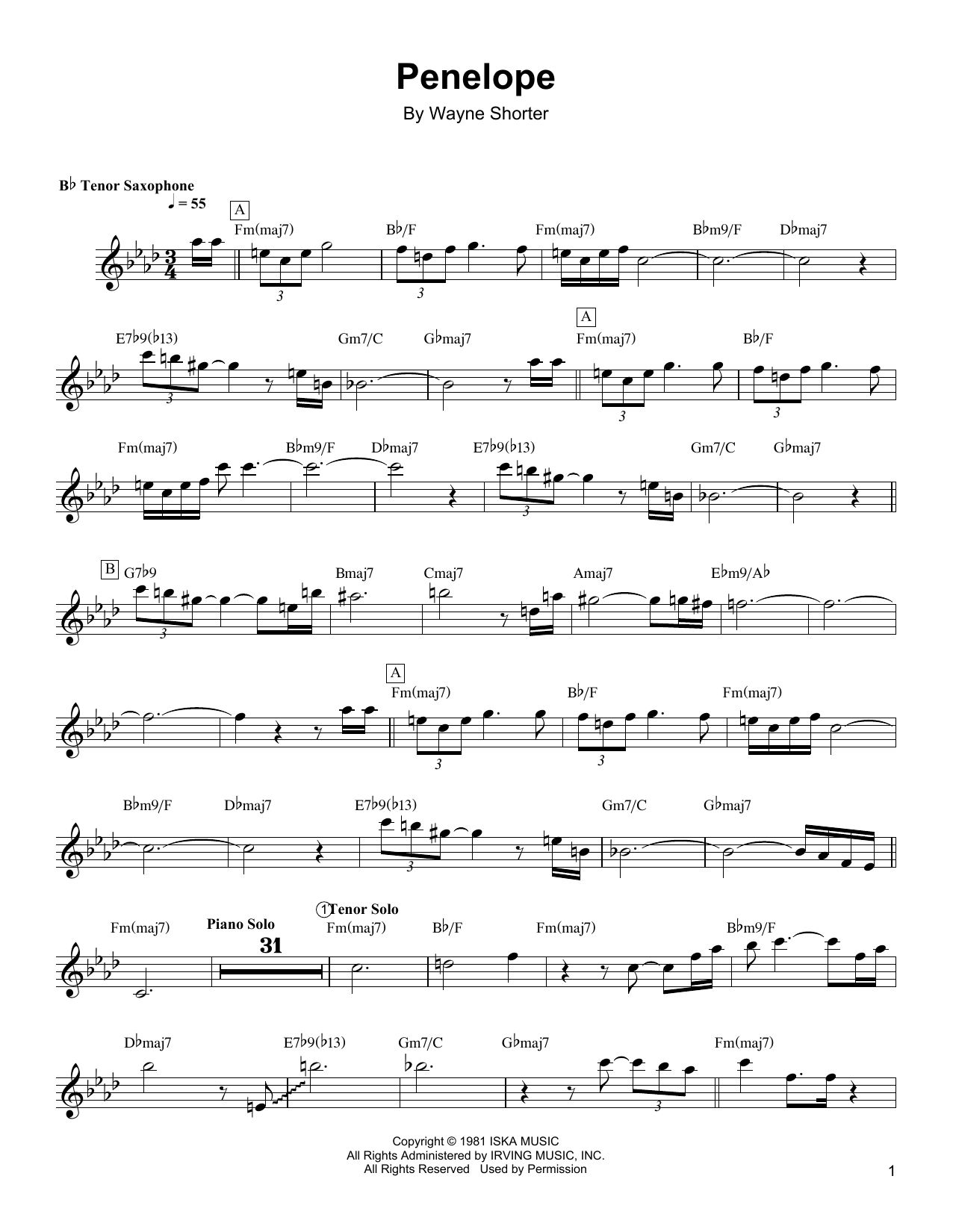 Wayne Shorter Penelope Sheet Music Notes & Chords for Tenor Sax Transcription - Download or Print PDF