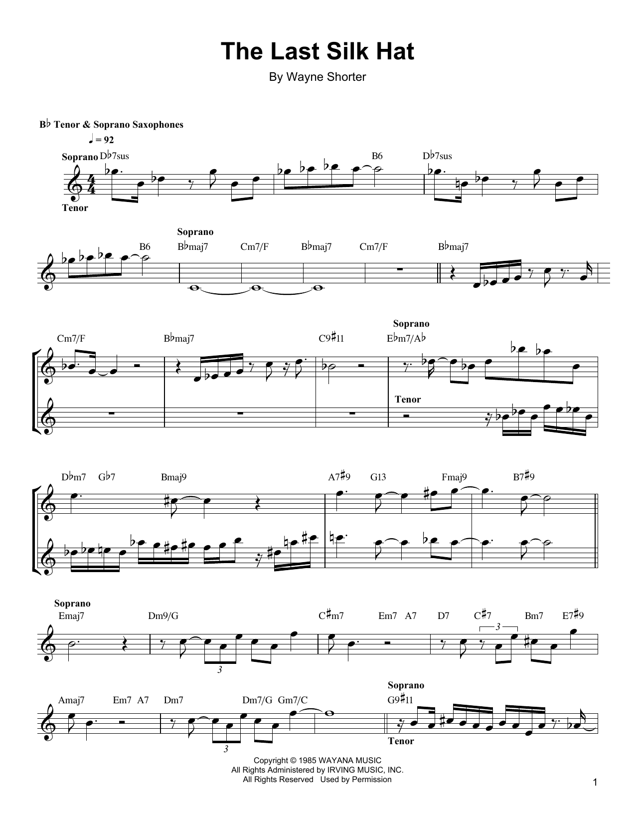 Wayne Shorter The Last Silk Hat Sheet Music Notes & Chords for Soprano Sax Transcription - Download or Print PDF
