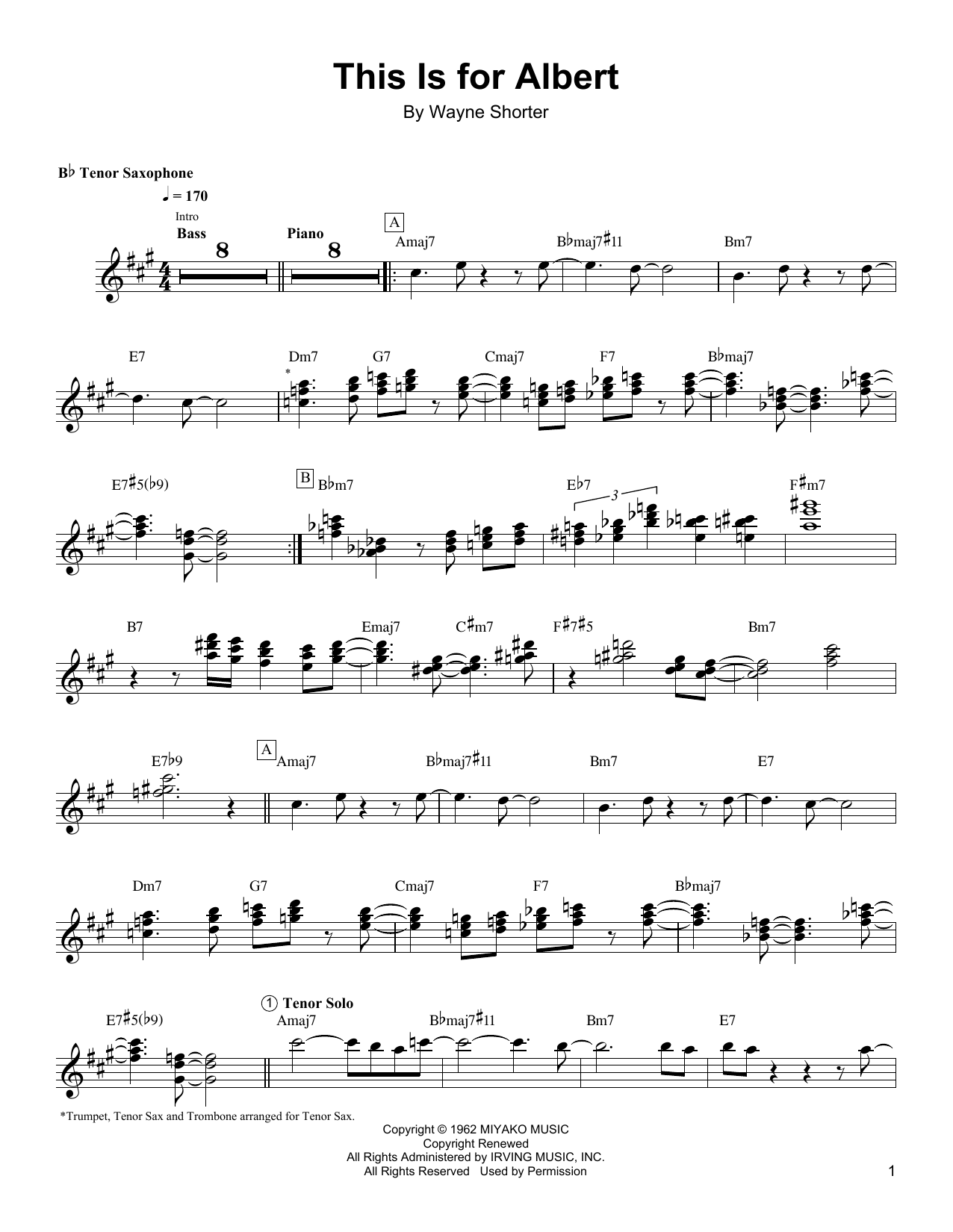 Wayne Shorter This Is For Albert Sheet Music Notes & Chords for Tenor Sax Transcription - Download or Print PDF