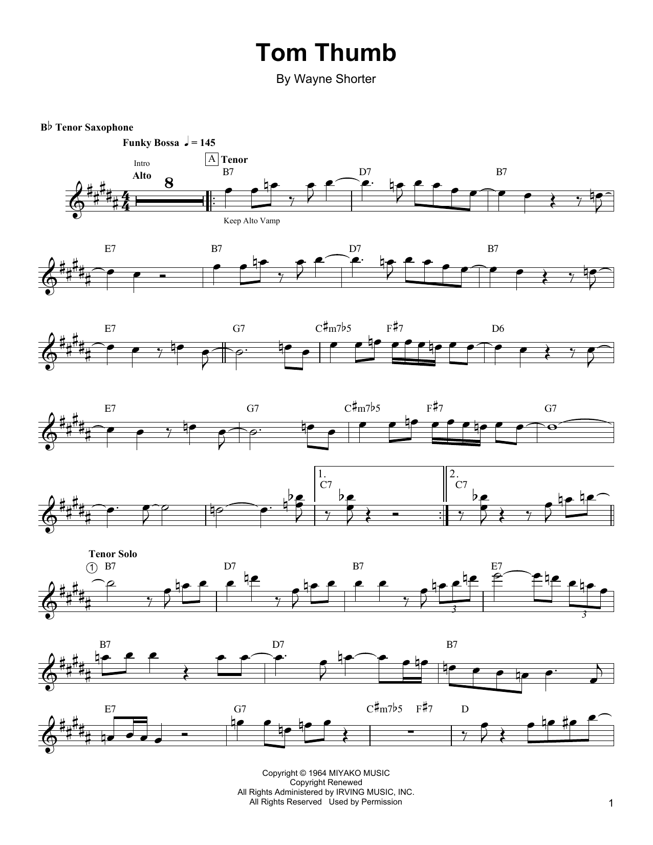 Wayne Shorter Tom Thumb Sheet Music Notes & Chords for Tenor Sax Transcription - Download or Print PDF
