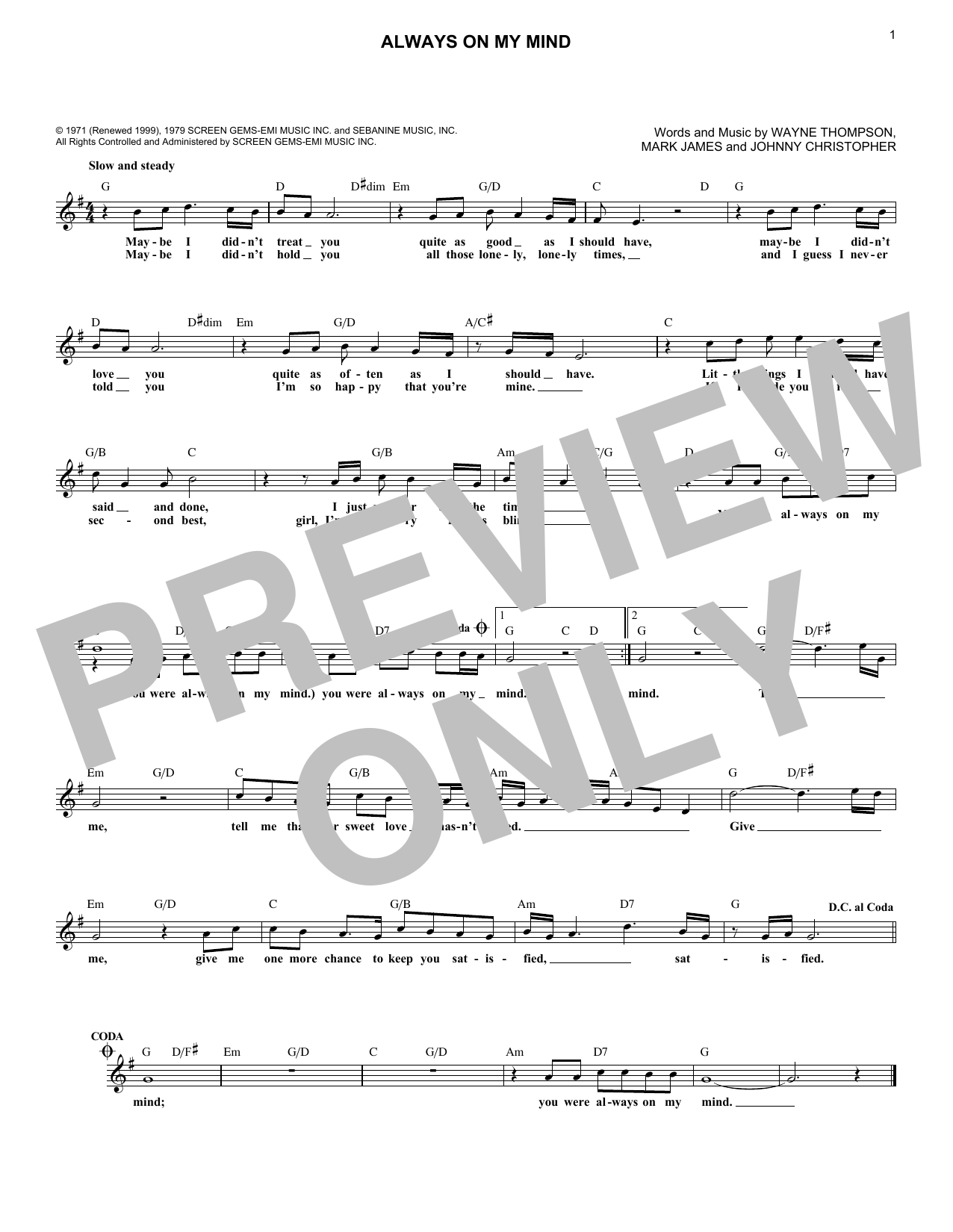 Wayne Thompson Always On My Mind Sheet Music Notes & Chords for Melody Line, Lyrics & Chords - Download or Print PDF