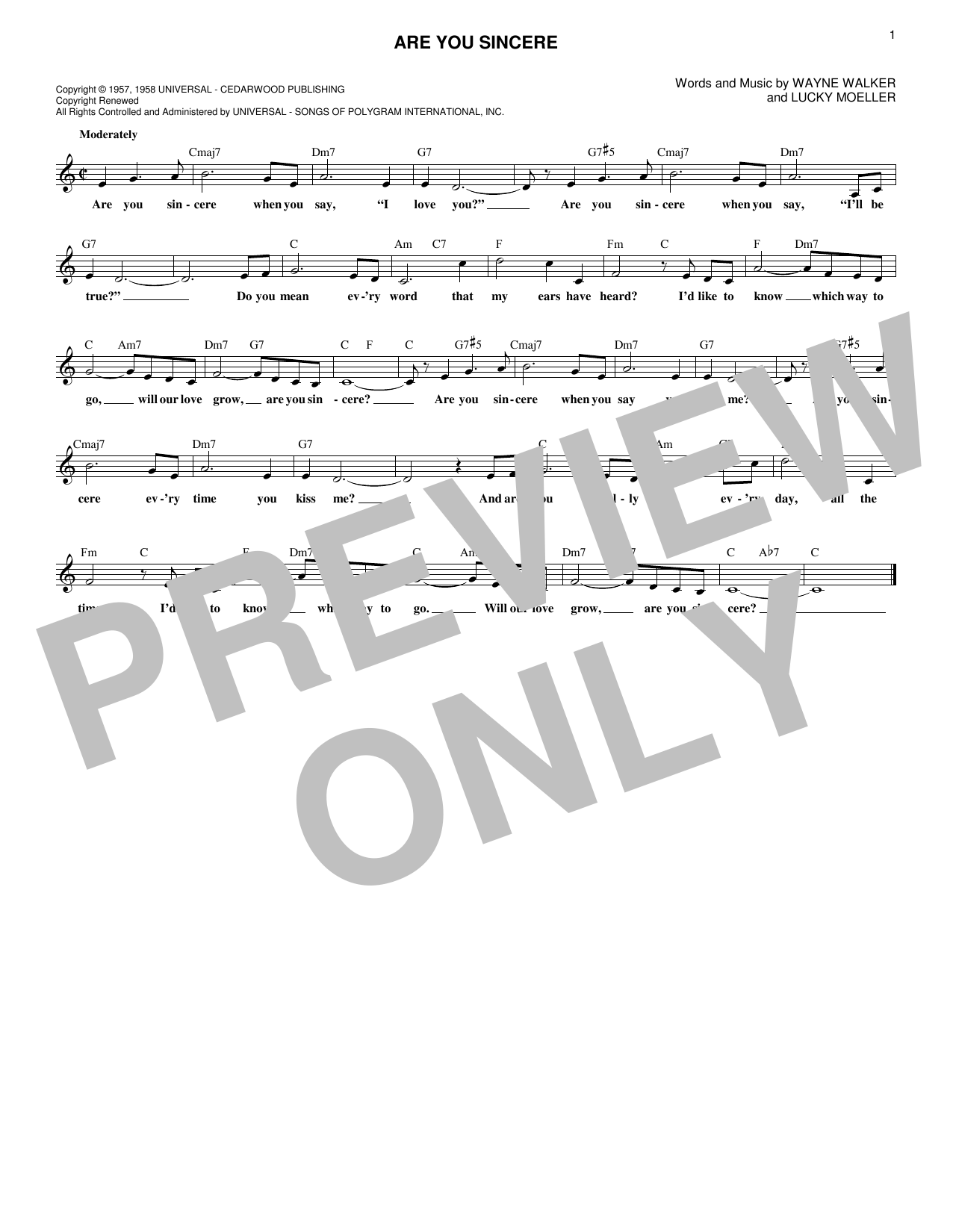Wayne Walker Are You Sincere Sheet Music Notes & Chords for Melody Line, Lyrics & Chords - Download or Print PDF Wayne Walker Are You Sincere Sheet Music Notes & Chords for Melody Line, Lyrics & Chords - Download or Print PDF