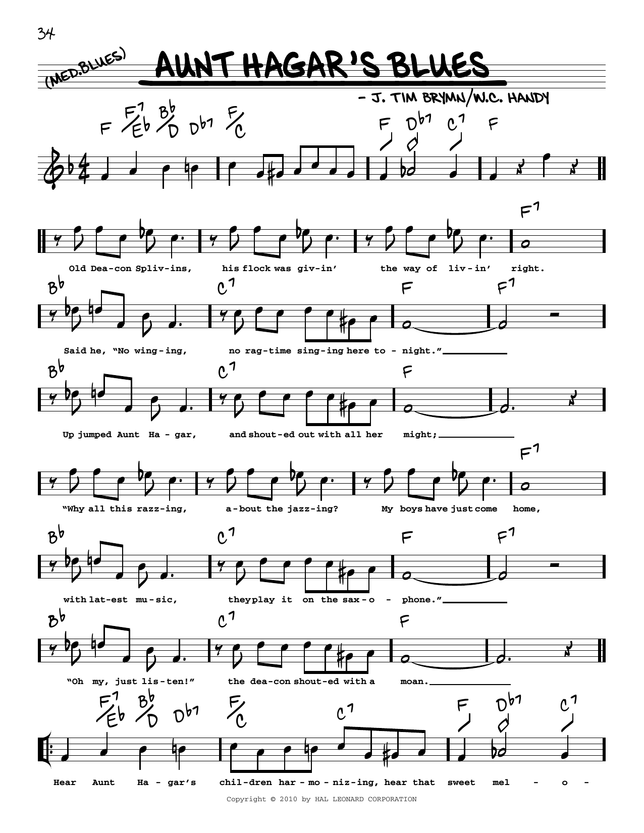 W.C. Handy Aunt Hagar's Blues (arr. Robert Rawlins) Sheet Music Notes & Chords for Real Book – Melody, Lyrics & Chords - Download or Print PDF