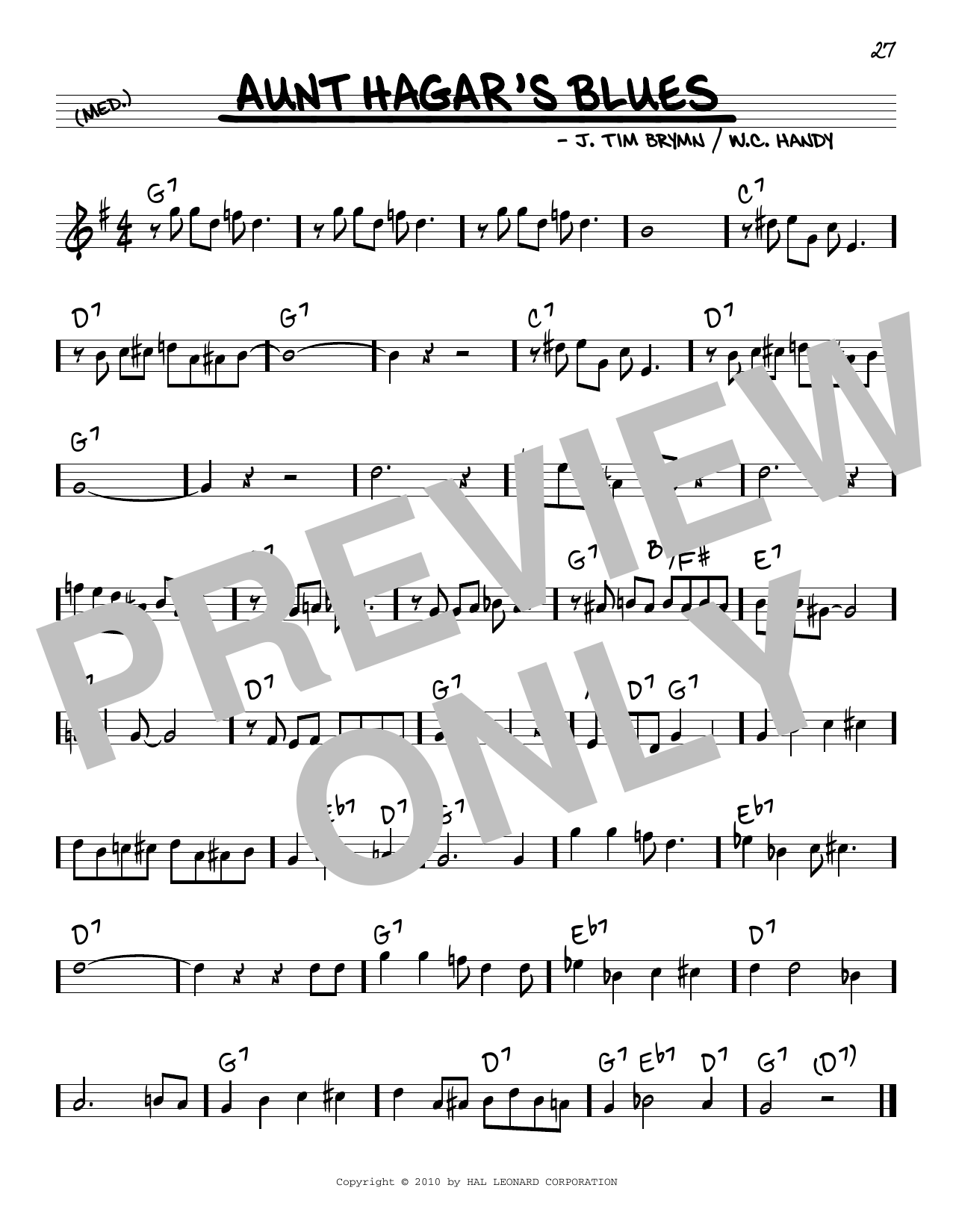 W.C. Handy Aunt Hagar's Blues Sheet Music Notes & Chords for Real Book – Melody & Chords - Download or Print PDF
