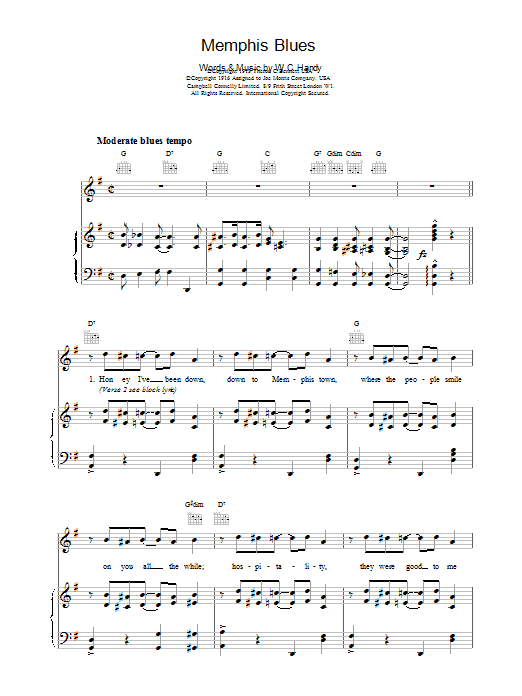 W.C. Handy Memphis Blues Sheet Music Notes & Chords for Melody Line, Lyrics & Chords - Download or Print PDF