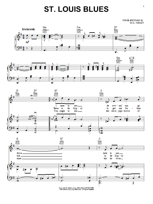 W.C. Handy St. Louis Blues Sheet Music Notes & Chords for Piano, Vocal & Guitar (Right-Hand Melody) - Download or Print PDF