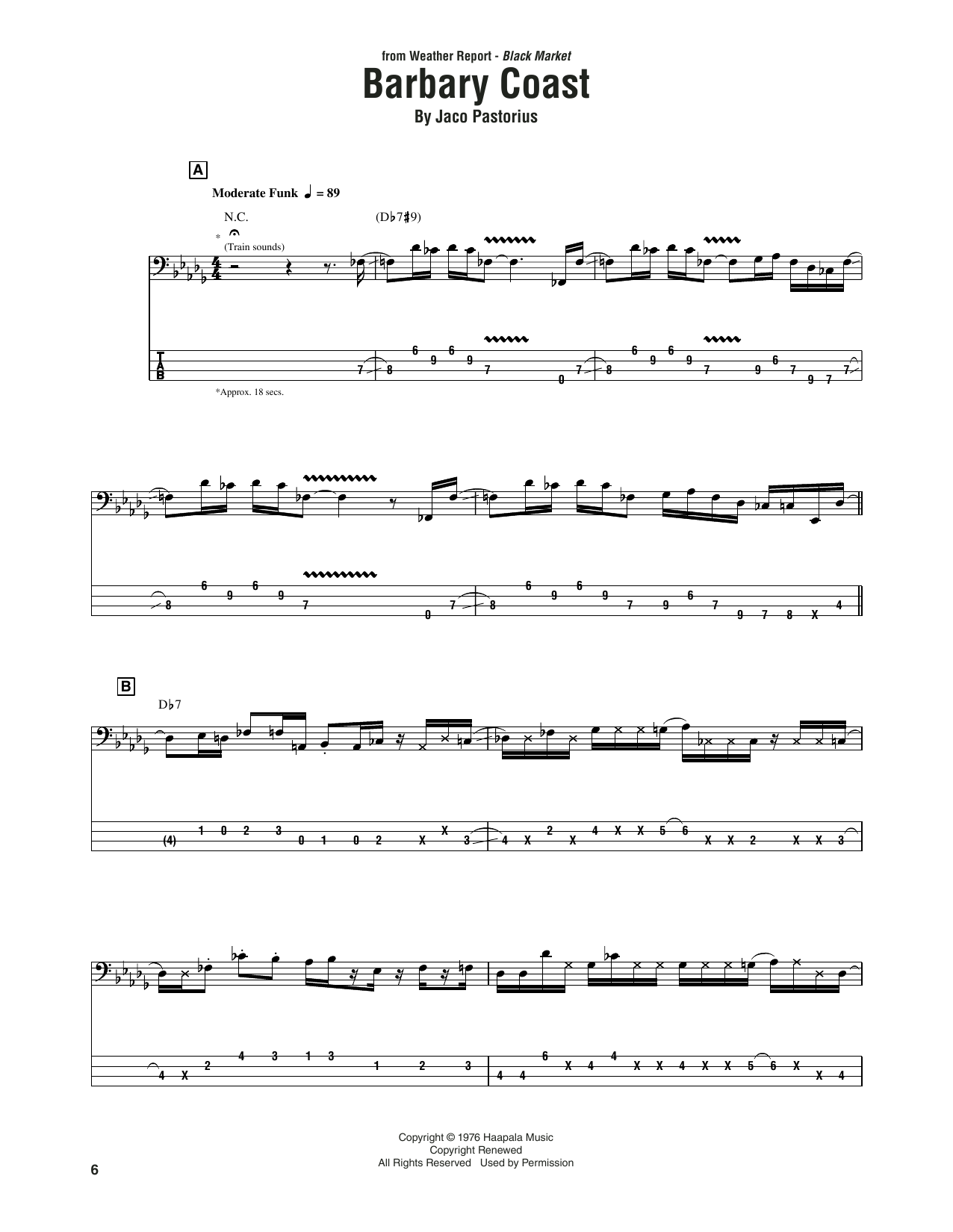 Weather Report Barbary Coast Sheet Music Notes & Chords for Bass Guitar Tab - Download or Print PDF