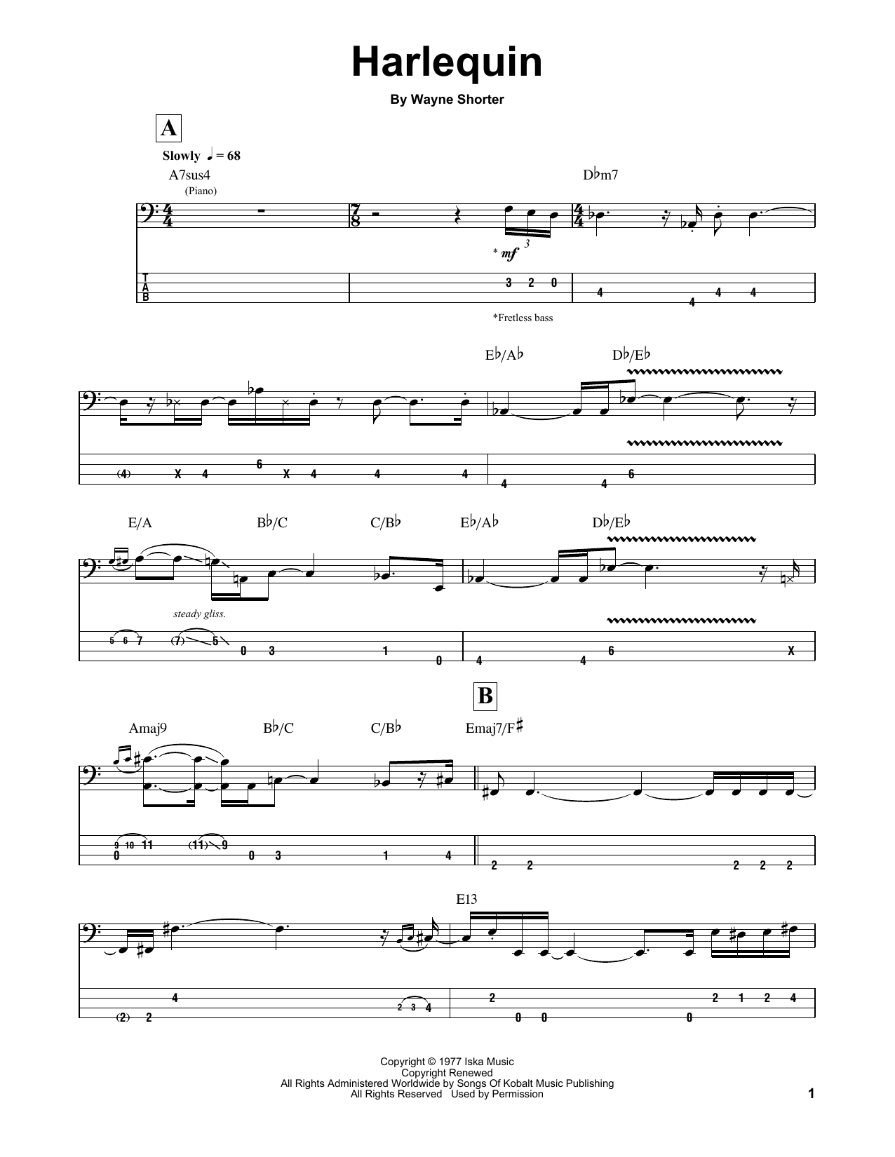 Wayne Shorter Harlequin Sheet Music Notes & Chords for Bass Guitar Tab - Download or Print PDF