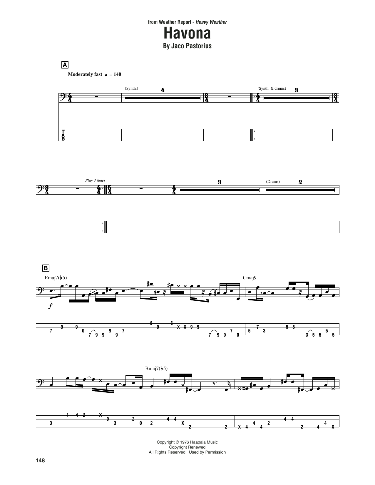 Weather Report Havona Sheet Music Notes & Chords for Bass Guitar Tab - Download or Print PDF