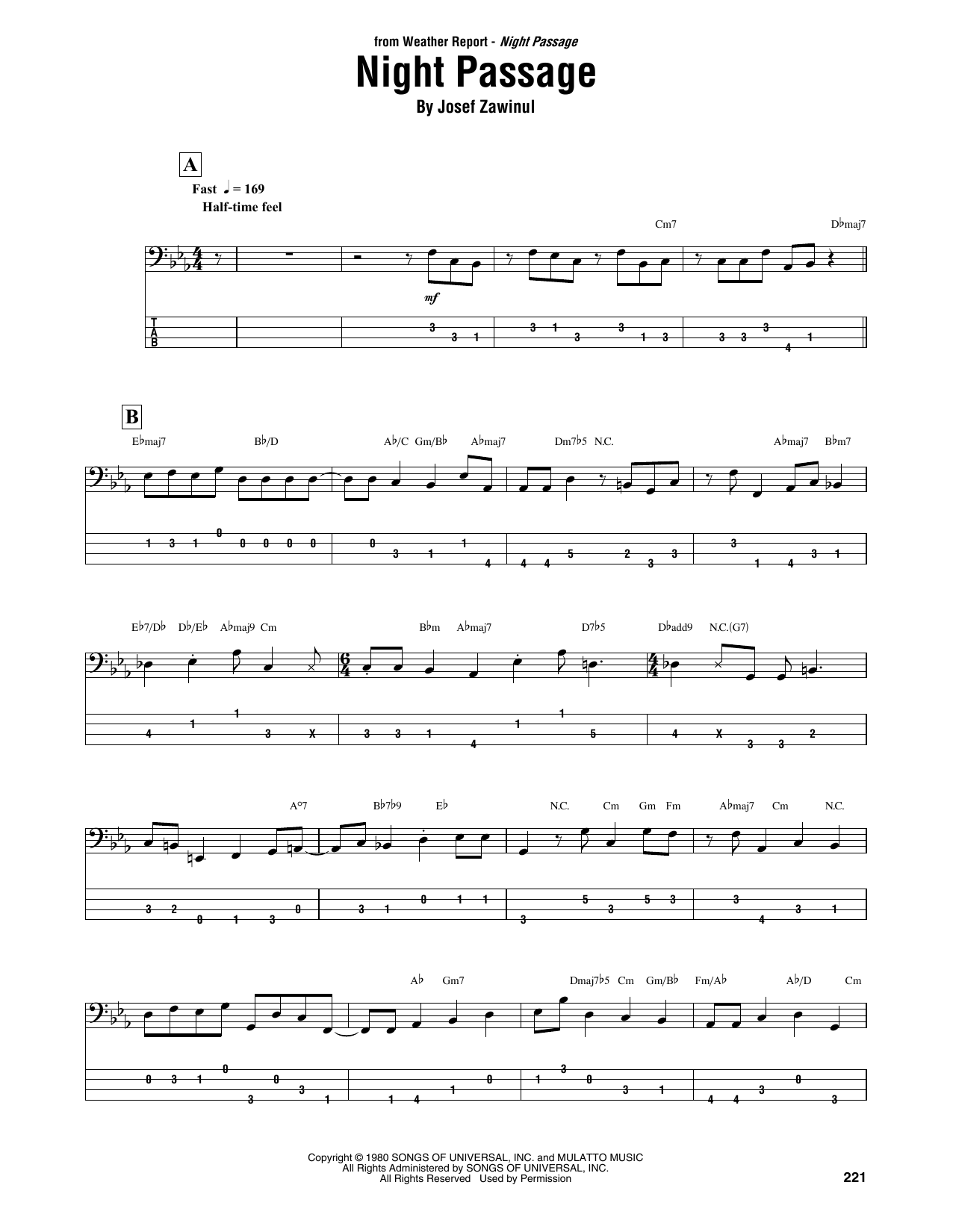 Weather Report Night Passage Sheet Music Notes & Chords for Bass Guitar Tab - Download or Print PDF