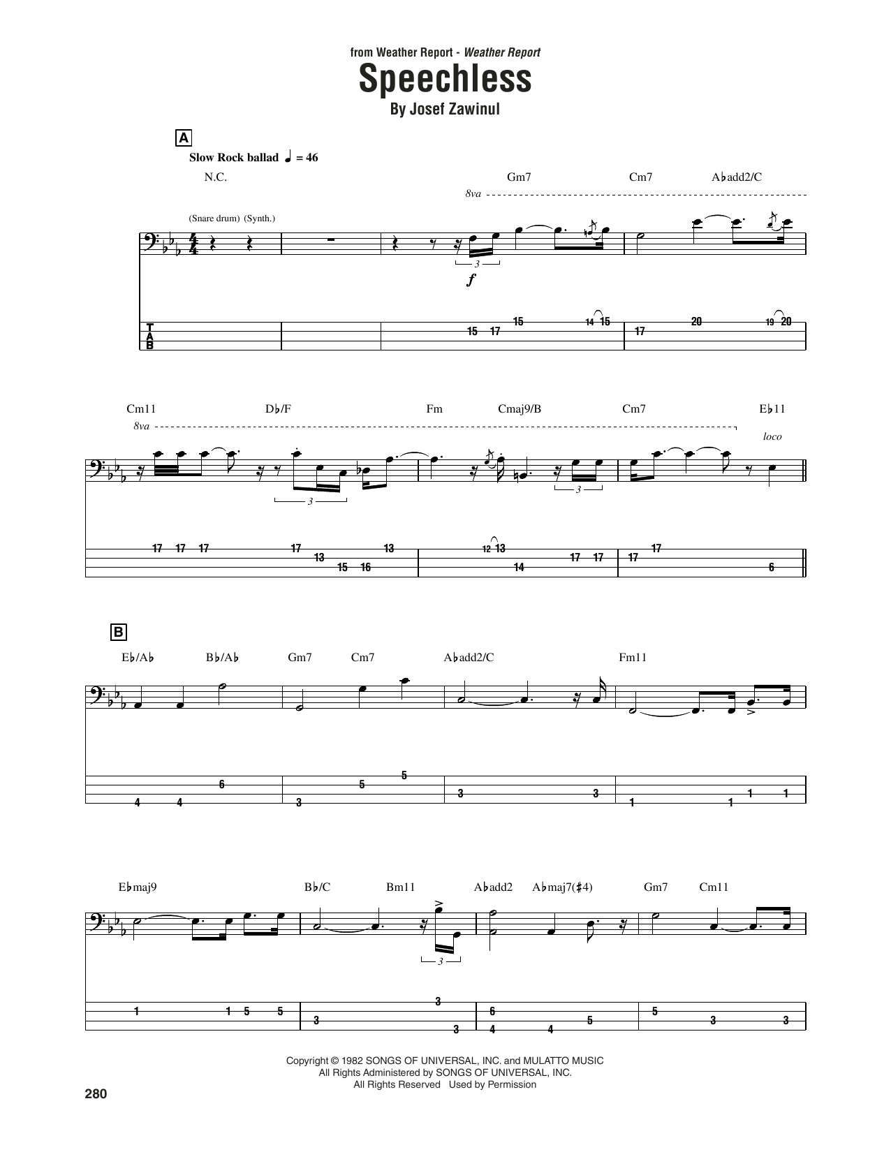 Weather Report Speechless Sheet Music Notes & Chords for Bass Guitar Tab - Download or Print PDF