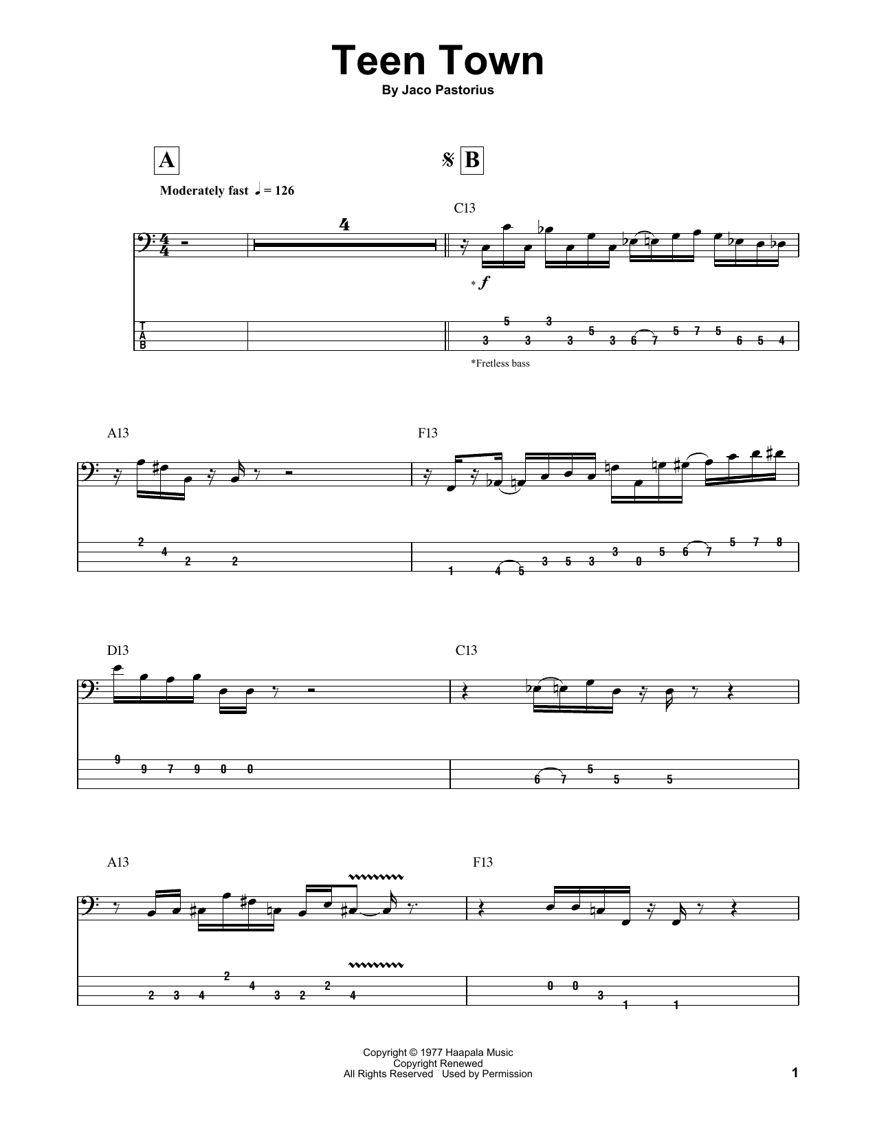 Jaco Pastorius Teen Town Sheet Music Notes & Chords for Bass Guitar Tab - Download or Print PDF