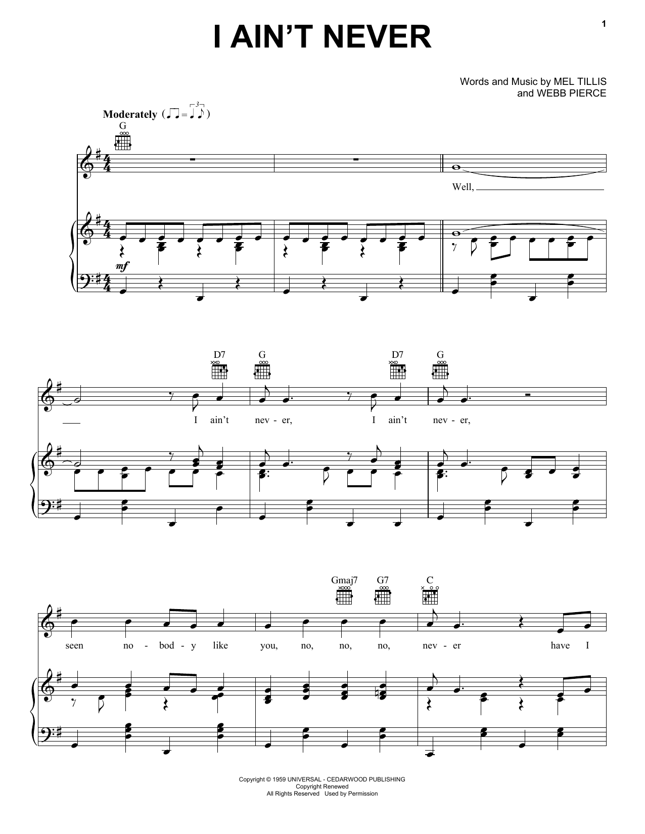 Webb Pierce I Ain't Never Sheet Music Notes & Chords for Piano, Vocal & Guitar (Right-Hand Melody) - Download or Print PDF