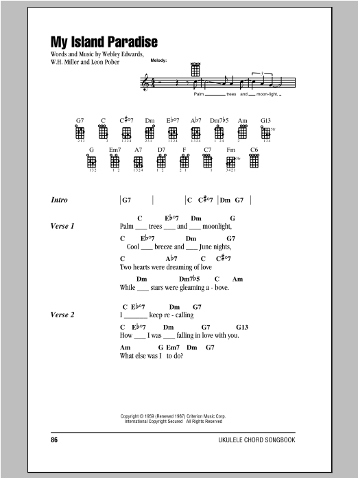 Webley Edwards My Island Paradise Sheet Music Notes & Chords for Ukulele with strumming patterns - Download or Print PDF