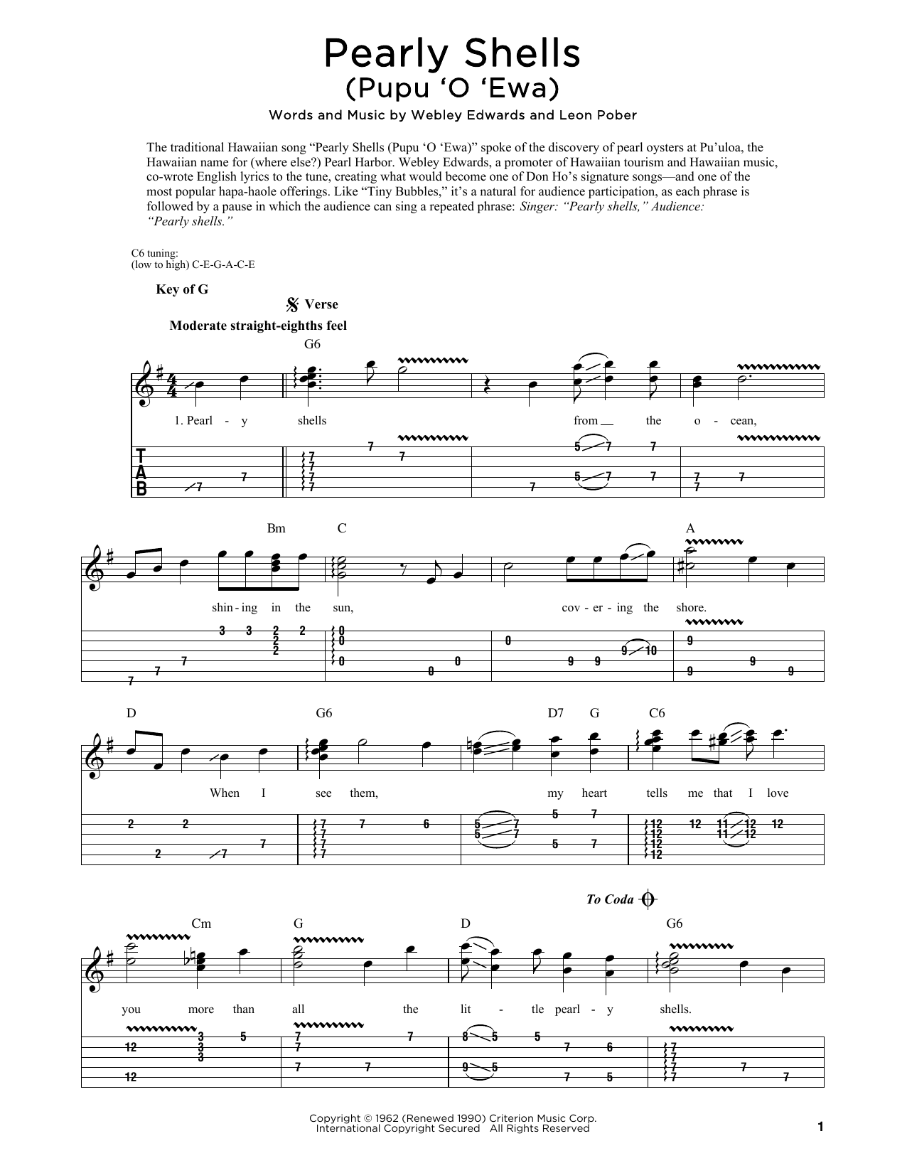 Webley Edwards Pearly Shells (Pupu O Ewa) (arr. Fred Sokolow) Sheet Music Notes & Chords for Dobro - Download or Print PDF