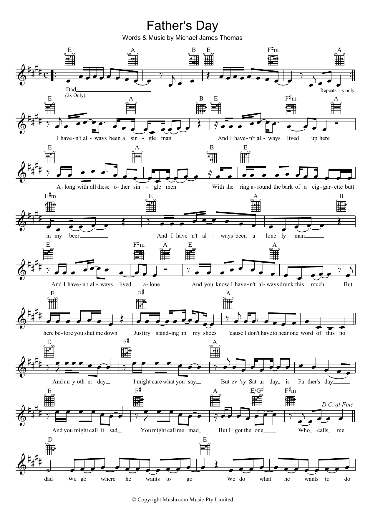 Weddings Parties Anything Father's Day Sheet Music Notes & Chords for Melody Line, Lyrics & Chords - Download or Print PDF