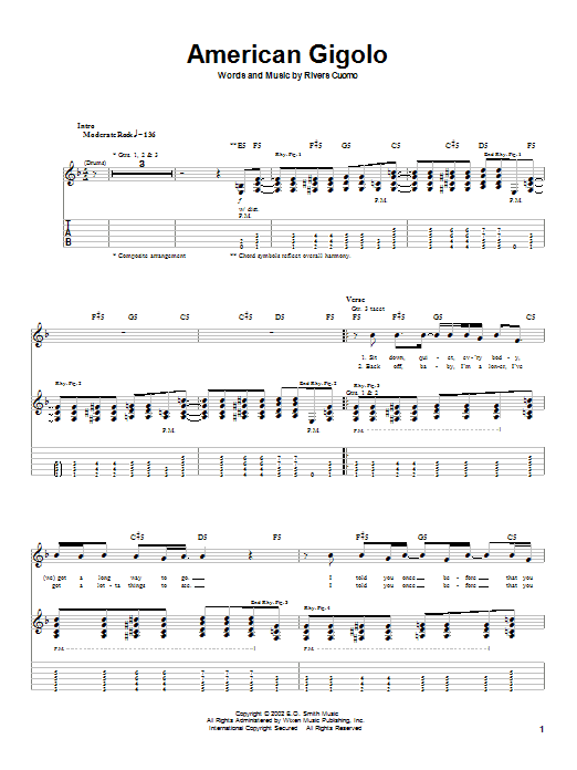 Weezer American Gigolo Sheet Music Notes & Chords for Guitar Tab - Download or Print PDF