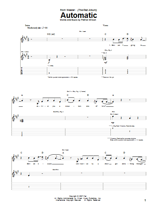 Weezer Automatic Sheet Music Notes & Chords for Guitar Tab - Download or Print PDF