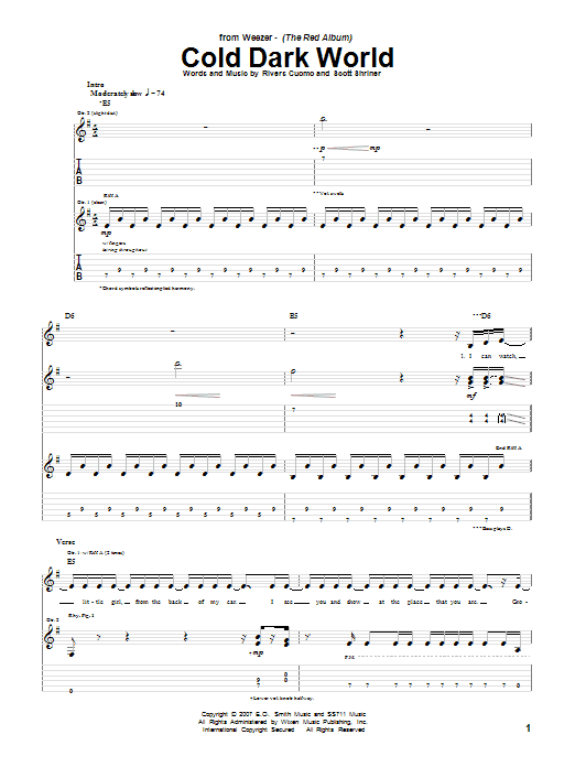 Weezer Cold Dark World Sheet Music Notes & Chords for Guitar Tab - Download or Print PDF