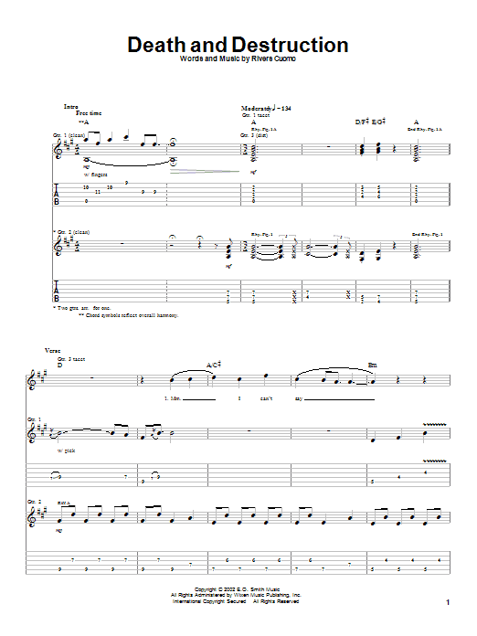 Weezer Death And Destruction Sheet Music Notes & Chords for Guitar Tab - Download or Print PDF