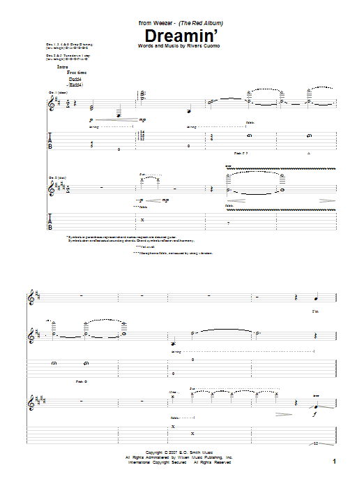 Weezer Dreamin' Sheet Music Notes & Chords for Guitar Tab - Download or Print PDF
